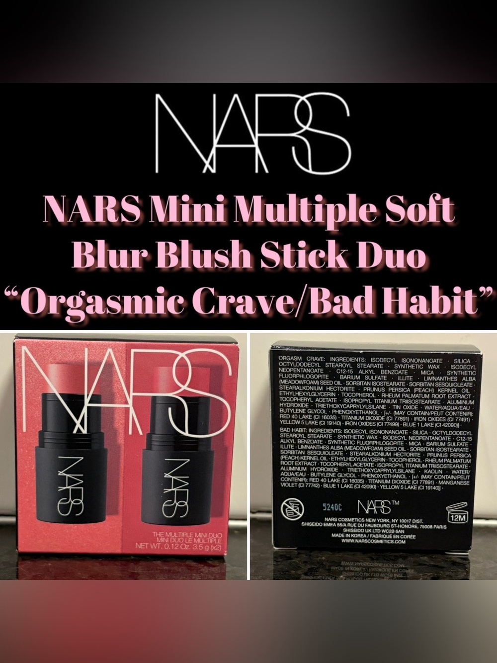 NARS Mini Multiple Soft Blur Blush Stick Duo
In “Orgasmic Crave/Bad Habit” -New